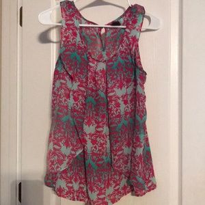 Pink Green Floral Design Semi-Sheer Sleeveless Top